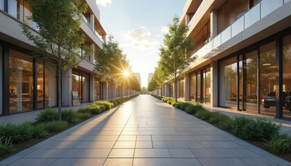Obraz premium Modern city block with shops, pathway. Sunny day, real estate. Architecture, urban street with contemporary design, elegant building exteriors, facades, bright sunlight, green trees. Ideal for