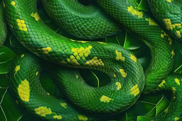 Fototapeta premium Green snake skin texture isolated. Close-up snake scales. Reptile skin. Realistic Green snake pattern. Snake scale texture. Detailed snake skin close-up. Exotic Animal texture. Green Snake texture.