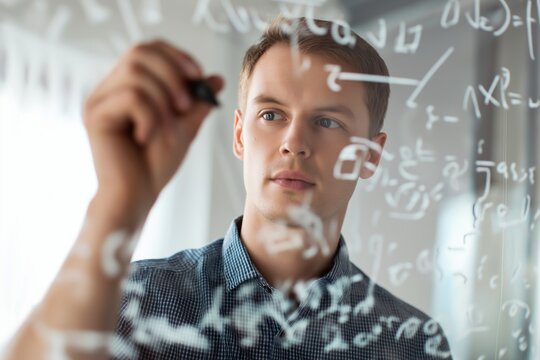 Focused man writing complex equations on  glass board