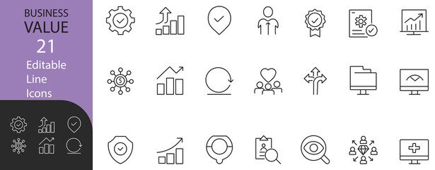 21 editable business value line icons including growth, success, approval, analytics, leadership, and teamwork — ideal for presentations, apps, and corporate visuals.