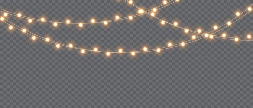 Christmas lights on a transparent background. Christmas light PNG. Set of Christmas glowing garlands. For advertising invitations, web banners, postcards. Vector. Christmas decoration, LED lam