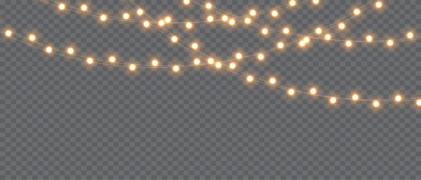 Christmas lights on a transparent background. Christmas light PNG. Set of Christmas glowing garlands. For advertising invitations, web banners, postcards. Vector. Christmas decoration, LED lam