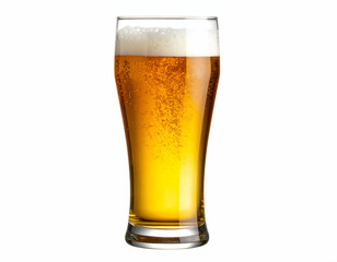 A tall glass of effervescent golden lager with a frothy white head stands refreshingly isolated on a clean background.