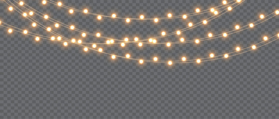 Vector Christmas Lights Garland on Transparent Background. Glowing Festive String Light Decoration