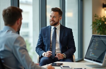 Business people discuss project in modern office. Businessman with beard, smiling. Colleagues talk, working together in corporate workplace, teamwork. Man in formal suit at the table with PC.