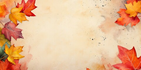 Autumn watercolor illustration. Leaves on an abstract textural background, copy space. Banner