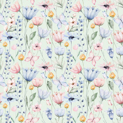 Seamless floral pattern with abstract blue pink flowers and leaves. Watercolor colorful print in rustic vintage style, textile or wallpapers background