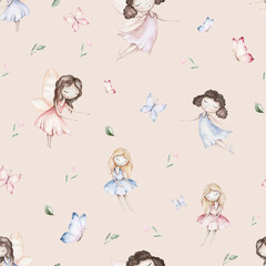 Fairy and Flowers watercolor seamless girls nursery pattern. Cartoon pink magic girl baby background. Faitytale textile art
