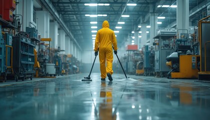 Industrial cleaner in yellow safety suit ensures hygiene in factory. Man uses mop machine, keeps facility clean. Maintenance service, workplace safety, sanitation procedures, hygiene standards.