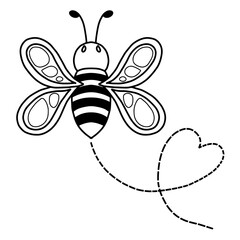 Hand drawn playful honey bee with a dotted heart trail in doodle style vector illustration