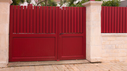 modern red high gate aluminum portal outdoor of suburbs classic door house