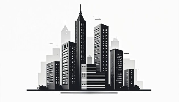 Cityscape logo featuring modern skyscrapers. Monochrome architectural illustration for business or app. Minimalist town skyline, office building icon, urban design symbol for corporate identity. - Powered by Adobe