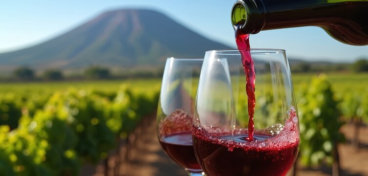Red wine pours from bottle into glasses against vineyard landscape background. Splashing motion during wine tasting on vacation at winery. Refreshment drink during dinner or celebration.