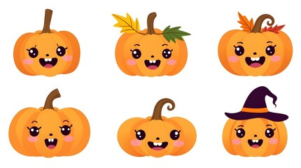 happy pumpkins with expressive smiling faces.