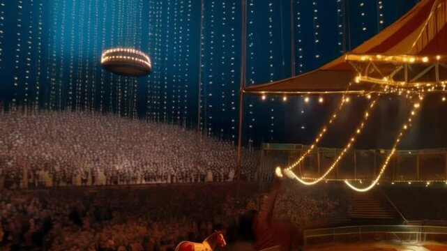 The interior of a circus shapito with bright lights and holiday atmosphere, perfect for advertising entertainment events and shows.
