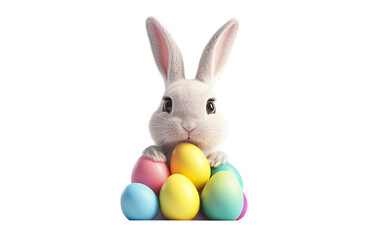 Obraz premium Playful Easter bunny figure peeking out from behind stacked items symbolizing seasonal celebration isolated on transparent background PNG