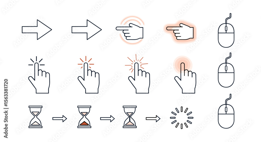 Fototapete Collection of cursor icons representing pointer actions and loading states for user interface design elements