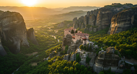 Sunset Golden Hour View of Meteora Monasteries Breathtaking Cliffside Landscape