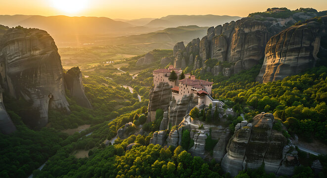 Sunset Golden Hour View of Meteora Monasteries Breathtaking Cliffside Landscape - Powered by Adobe