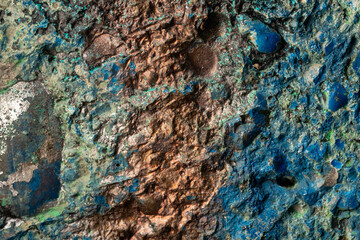 Close-up of urban wall with layered graffiti and paint traces