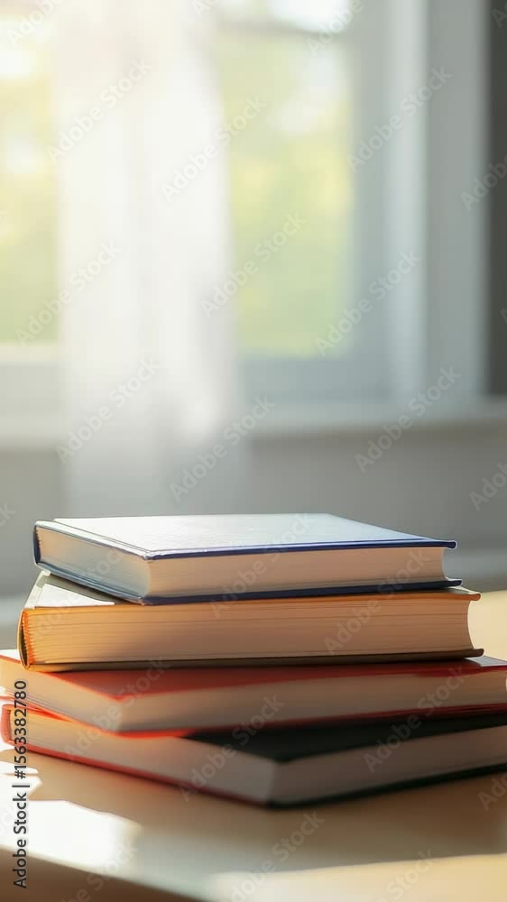 Poster Four colorful books are neatly stacked on a table near a sunlit window, creating a serene atmosphere conducive to learning and knowledge, perfect for back to school themes