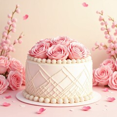 Holiday beautiful cream sponge cake with pink roses on a plate on the table with flowers. AI generated image.