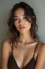 Fototapeta premium Beautiful woman with wet, dark hair. Makeup on her face, eyes. Brunette in studio, neutral background, looking at camera. Fashion portrait of young, charming, sensual person.