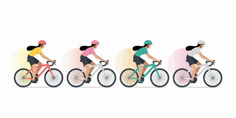 Naklejka premium Cycling Women Illustration: Four diverse women cyclists riding road bikes in a row, showcasing different colored bikes and helmets, creating a vibrant and dynamic illustration. 