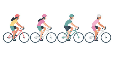 Cycling Together: A vibrant and dynamic scene captures the essence of cycling, with four individuals gracefully riding their bicycles, showcasing both leisure and athleticism. 