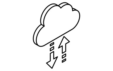 Cloud service upload and download isometric line icon with arrows and cloud storage symbol, black and white