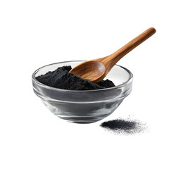 Glass Bowl of Activated Charcoal Powder with Wooden Spoon Isolated on Transparent Background

