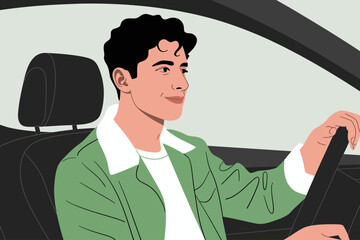 Driving into the Future: A stylish individual confidently steers a modern automobile, embodying the spirit of travel and modern lifestyle. 