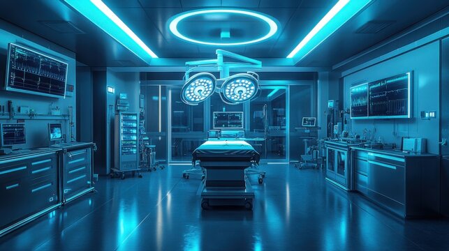 Advanced surgery room with futuristic lighting technologies and medical equipment
