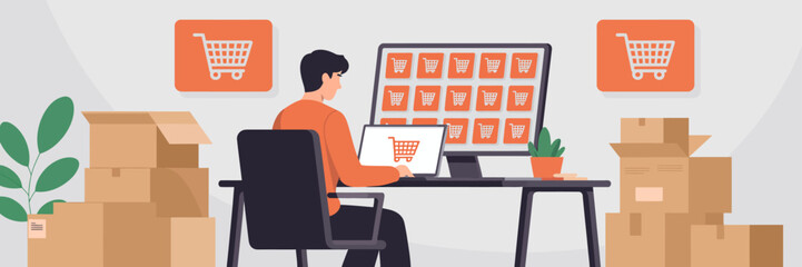 E-commerce at Work: A person is seated at a desk filled with open cardboard boxes and computer screens that showcase online store products.