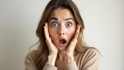 Shocked Face Expression: A close-up shot of a person with a look of surprise and wonderment, their wide eyes and open mouth conveying disbelief or astonishment, a picture of genuine human emotion.