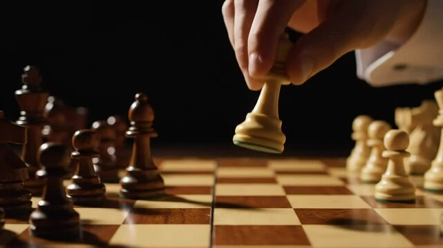 Chess strategy game: Hand making a final move and winning the game with checkmate
