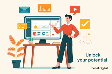 Digital Potential Unlock: A vibrant illustration showcases a professional presenting data on a computer screen, symbolizing the unlocking of potential. The scene is filled with elements