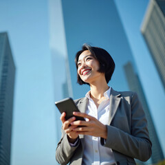 Obraz premium Asian businesswoman in formal suit holds smartphone device smiling joyfully. Confident female professional using phone in front of modern business skyscrapers. Technology communication.