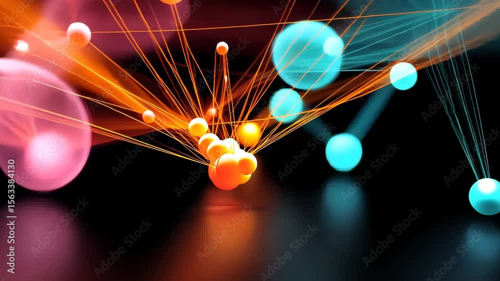 Poster abstract representation of machine learning or neural networks with glowing nodes and connecting thr