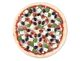 Greek Pizza A pizza with a Mediterranean twist, topped with Kalamata olives, feta cheese, spinach, tomatoes, and red onions. Fresh,