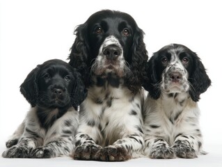 Blue Picardy Spaniel Three Generations Puppy Adult Senior Lined up White Background Progression