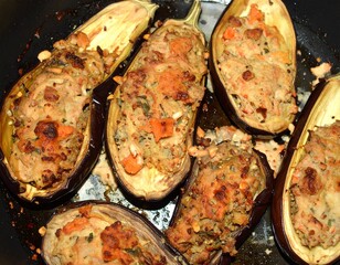 The image shows several eggplants that have been stuffed with a mixture likely containing various...