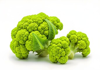 fresh cauliflower isolated on white, A fresh head of cauliflower with vibrant green leaves is showcased against a transparent background