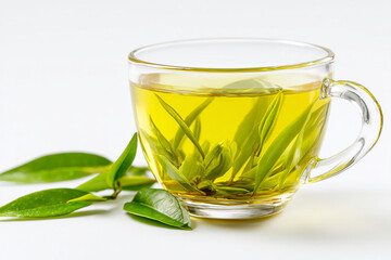 Selective focus glass cup of tea isolated on white background.