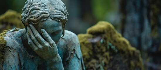 Obraz premium Ancient marble sculpture of an angel, Jesus, and a woman in a garden, reflecting old religious art and culture