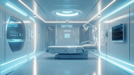 High-tech futuristic medical room with advanced technology and lighting