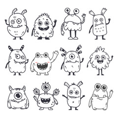 set of cartoon monsters. Cute monsters in doodle style. Kids funny character design for posters, cards, magazins. Line. Vector illustration  © Alina