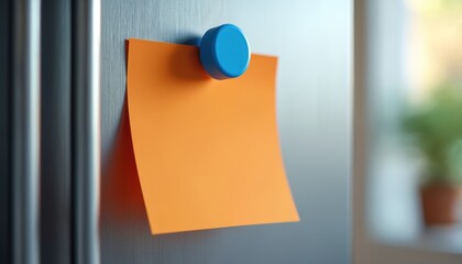 Blue magnet holds orange sticky note on refrigerator door. Blank space for text or message. Office, home decor concept for reminders, memos. Modern design, close-up shot with copy space.