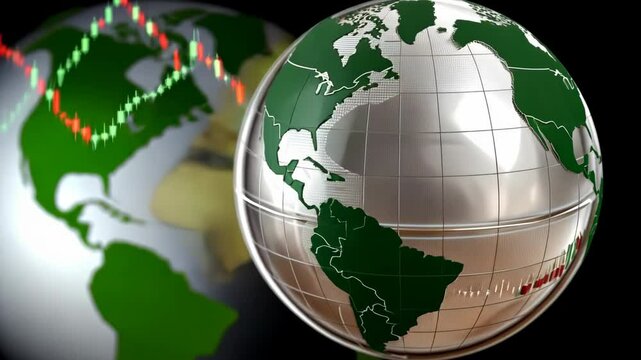 Global financial markets experience fluctuations with stock charts and economic indicators displayed prominently around the globe - Powered by Adobe