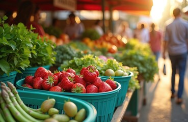 Farmers market with fresh spring vegetables. Juicy strawberries in green baskets. Fruit, greens, asparagus. People walk, shop. Urban healthy lifestyle, organic food, farm to table, local farm, sunny